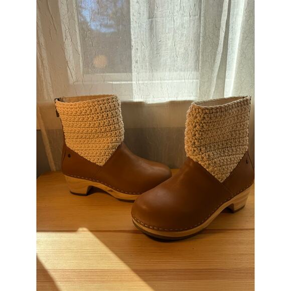 The Sak Leather Crochet Clog Boots Brown Knit Wood Heel Size 7 - Picture 2 of 8